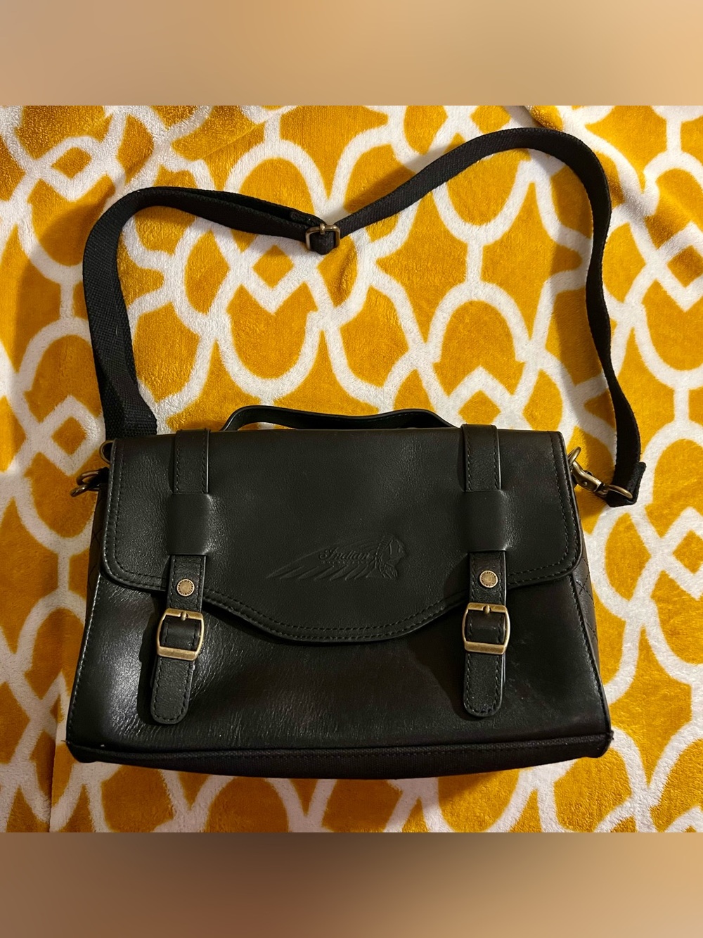 Indian Black Crossbody Satchel Bag Buckle Closure, Detachable Adjustable Strap